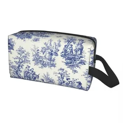 French Navy Blue Toile De Jouy Motif Pattern Travel Cosmetic Bag for Art Makeup Toiletry Organizer Lady Beauty Storage Dopp Kit