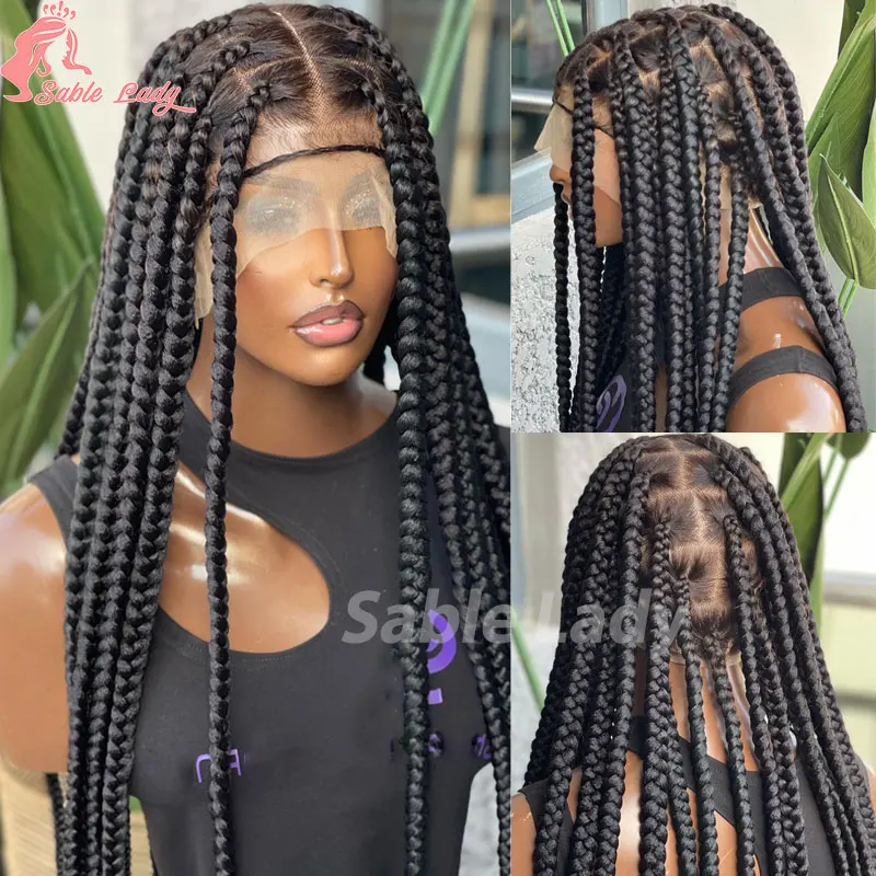 Synthetic Large Box Braided Wigs Jumbo Knotless Full Lace Front Wigs For Black Women Jumbo Tribal Braids Faux Locs Cornrows Wig