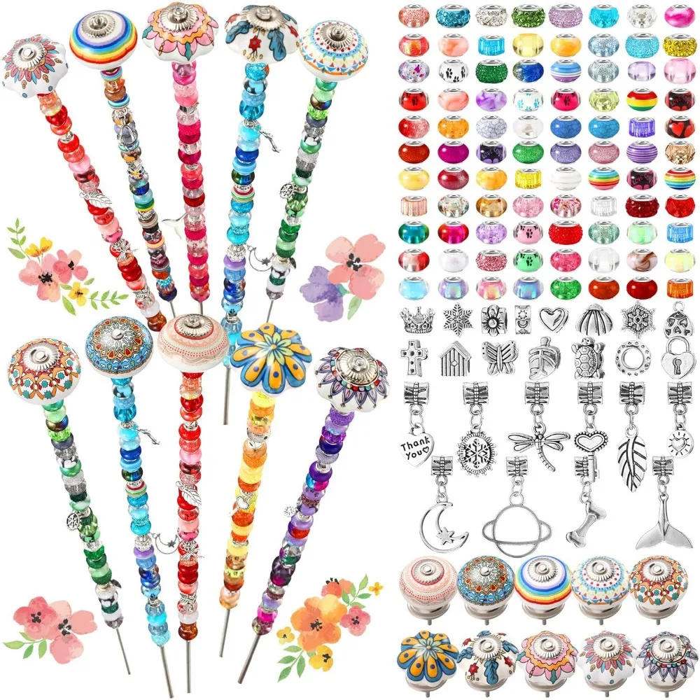 

255 Pcs 14 Inch Garden Stakes Decorative Ceramic Mushroom and Pumpkin Round Beaded Garden Stakes Decor Fairy Sticks for Indoor O