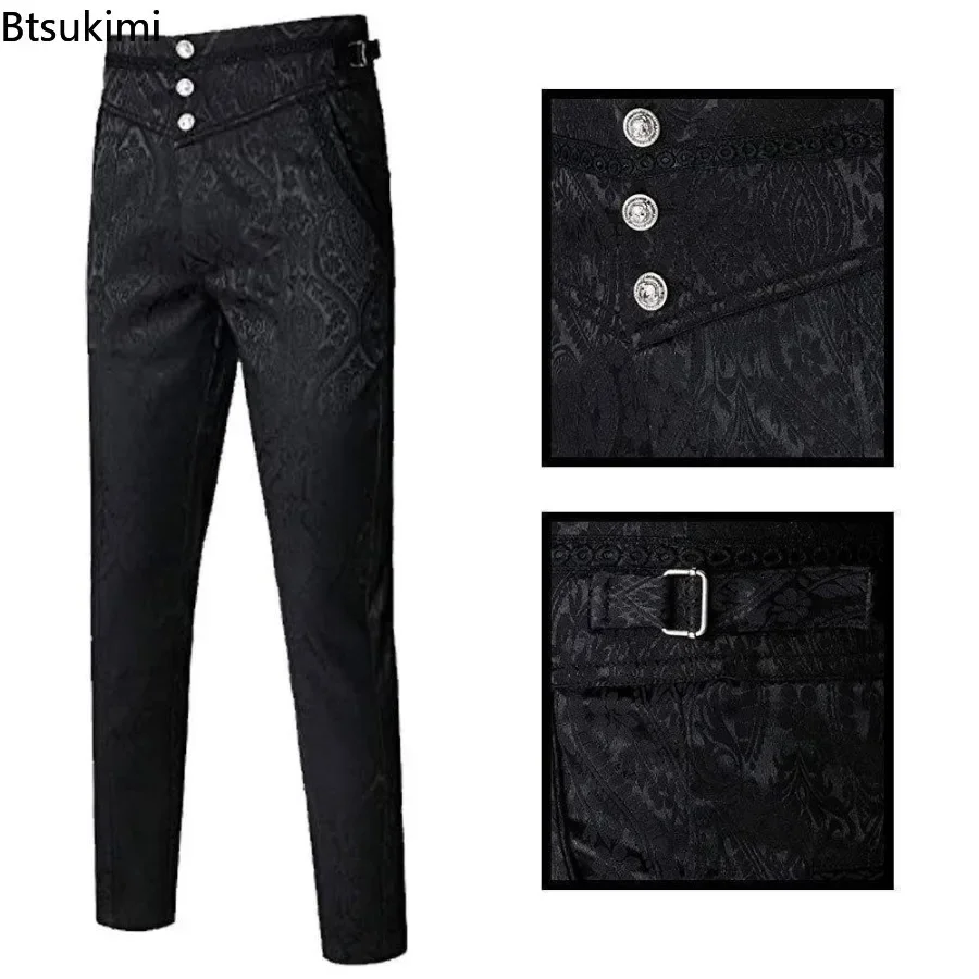New 2026 Men's Gothic Pants Vintage Halloween Performance Vampire Cosplay Costumes Steampunk Jacquard Leisure Slim Trousers Male