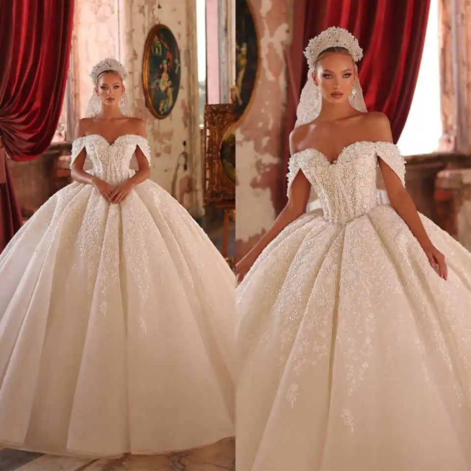 

Бальное платье с открытыми плечами Свадебные платья Элегантные свадебные платья без рукавов Индивидуальное блестящее кружевное платье Robe De Mariée