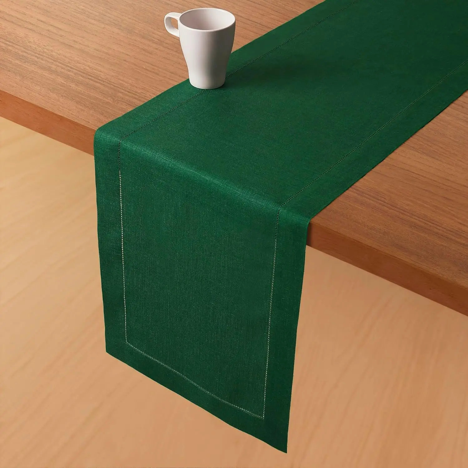 

D'Moksha Homes Linen Table Runner 14 X 132 Inch - 100% Pure Linen Classic Hemstitch Forest Green - Machine Washable Farmhouse