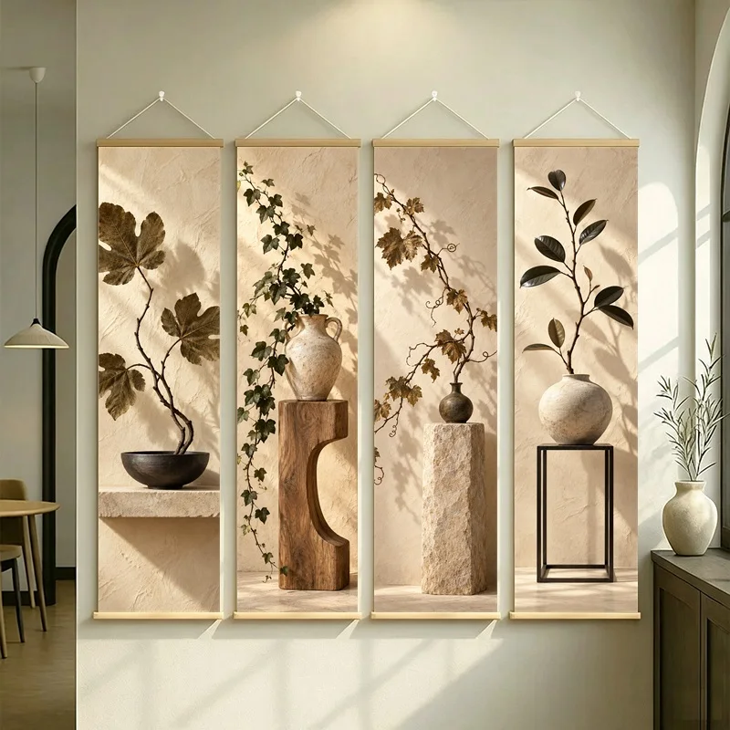 Wall Decor Preserved Ivy and Preserved Grape Leaf, Wabi-Sabi Silver Shimmer Canvas Hanging Scroll for Tea Room Home Decor