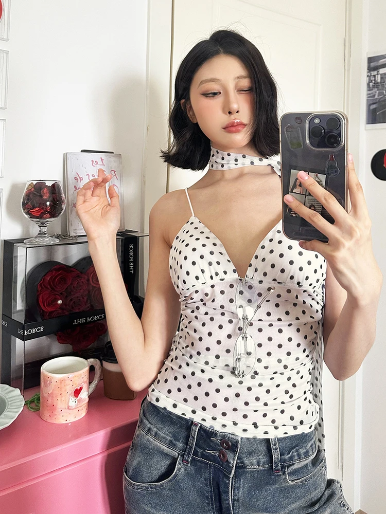 WEIRD PUSS Romantic Polka Dot Print Semi-Transparent ter Top Women Sli Spicy Girl Versatile Top Trendy ort Sve