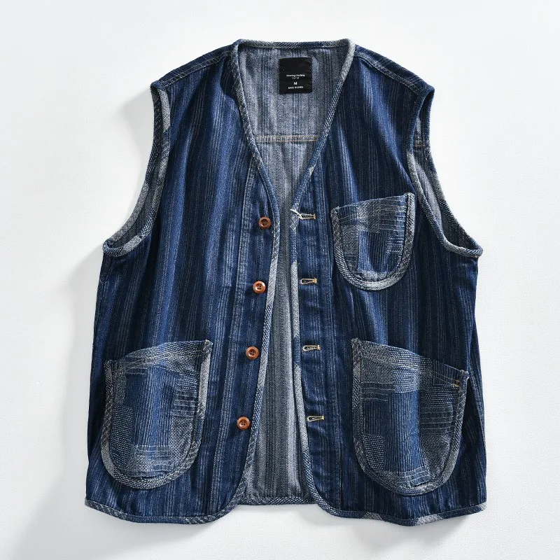 Durable Washed Sleeveless Denim Vest for Men Multi Pocket Workwear Gilet Loose Casual Jean Waistcoat Daily Outdoor Layering