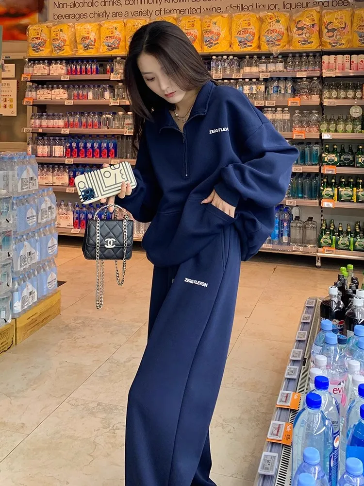 

Casual Sportswear Set Women's k Blue f Zip Sweatirt Two Piece Set Faionable Premium Feel Autumn Winter New Arrival
