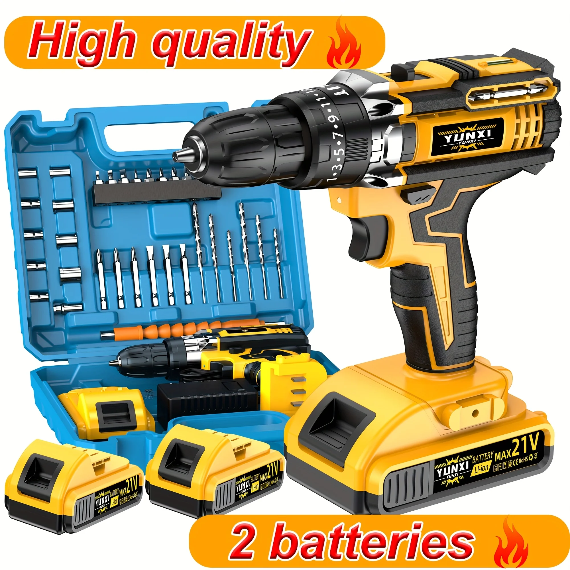 

21V Cordless Drill Set, Impact Drill Screwdriver, With Work Light, Adjustable Speed, Equipped With 2 2000mAh Batteries And Quick Charger, Complete Set Of Drilling Tools And Storage Box, Suitable For Home Maintenance, Men'S | Christmas Holiday Gift