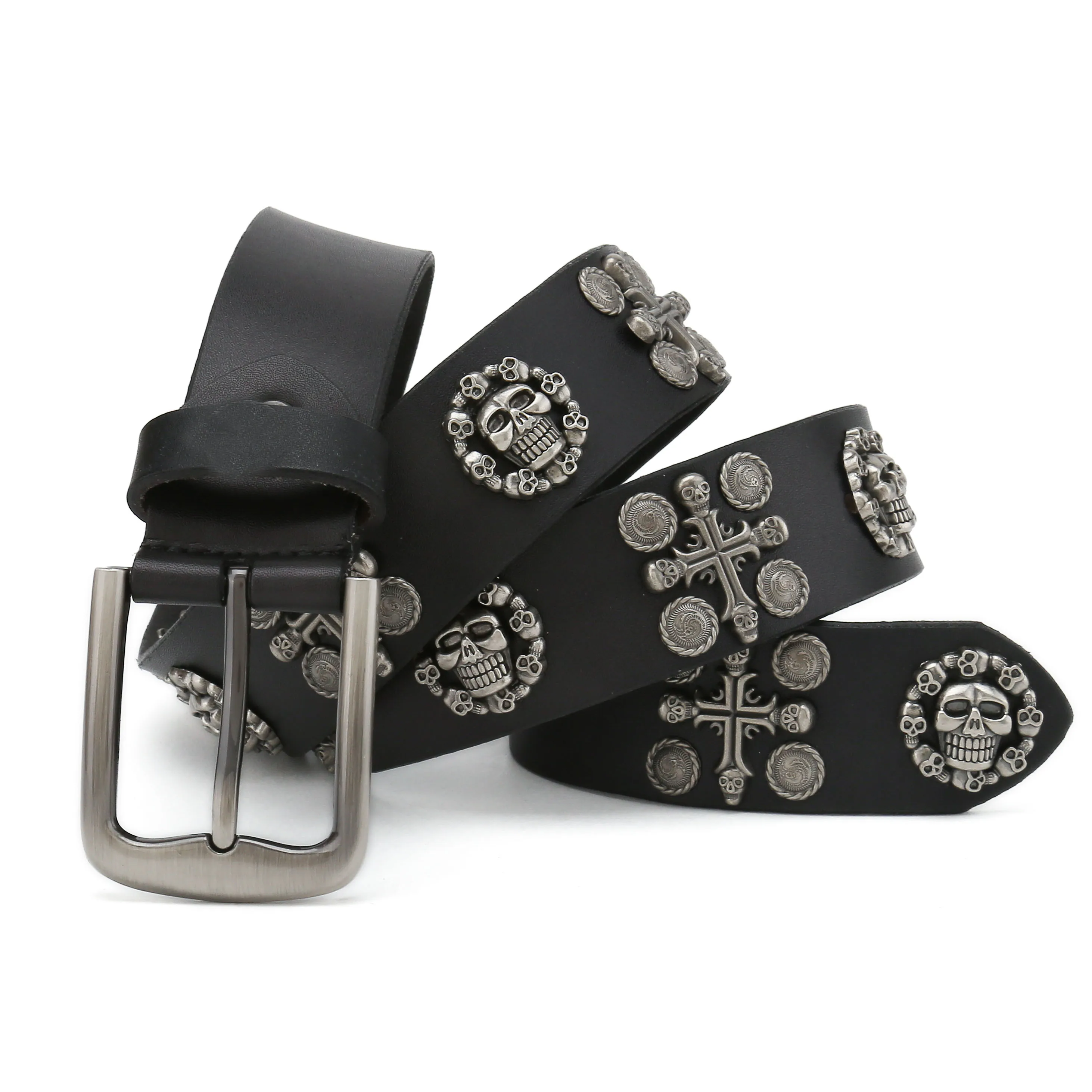 Heavy Metal Cowboy Punk Belt Genuine Leather Hip Hop Belts For Men Cross Rivet Jeans belt male Strap Ceinture Homme