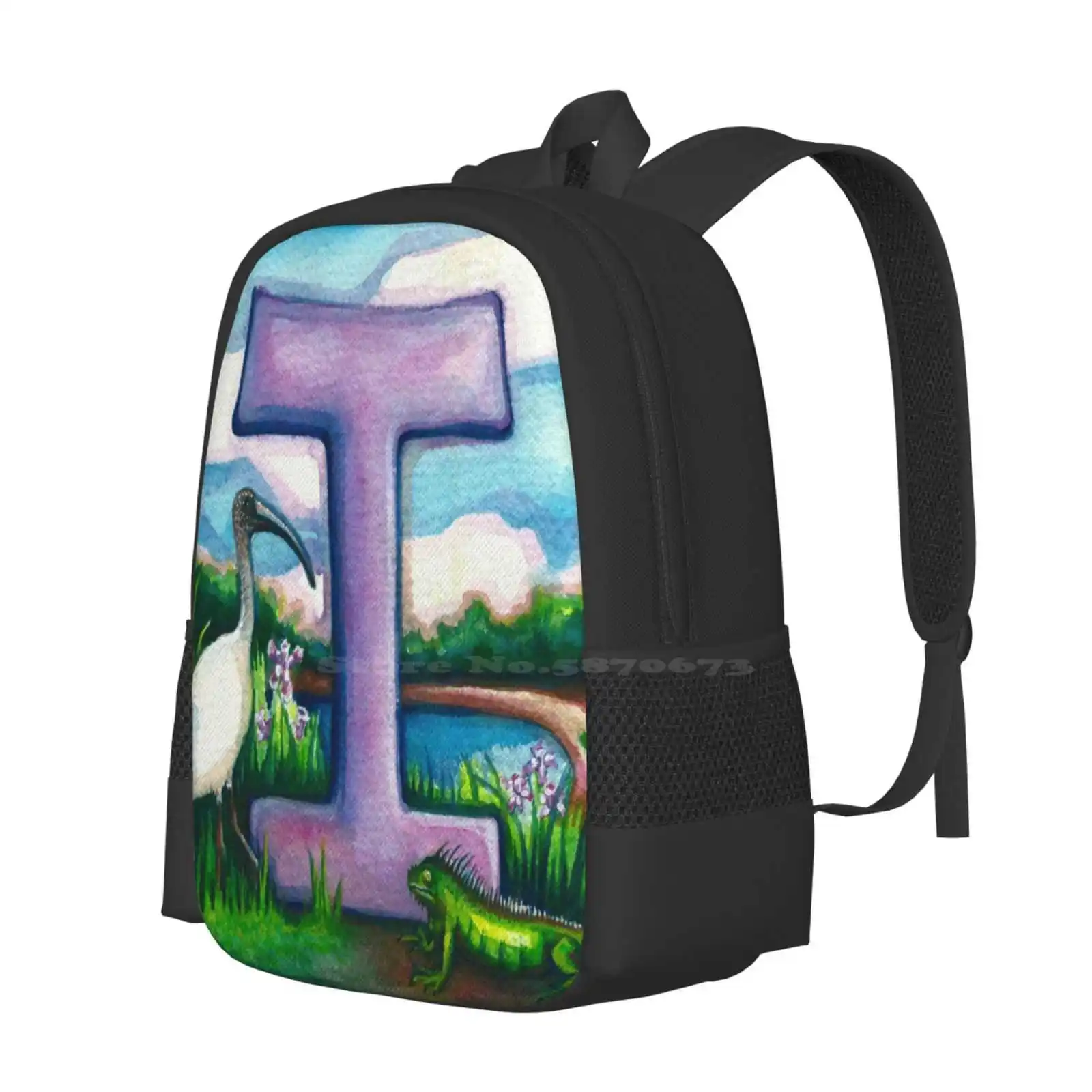 Alphabet Letter I Backpacks For School Teenagers Girls Travel Bags Watercolor Alphabet Letter I Emily L Taylor Ibis Iguana Iris