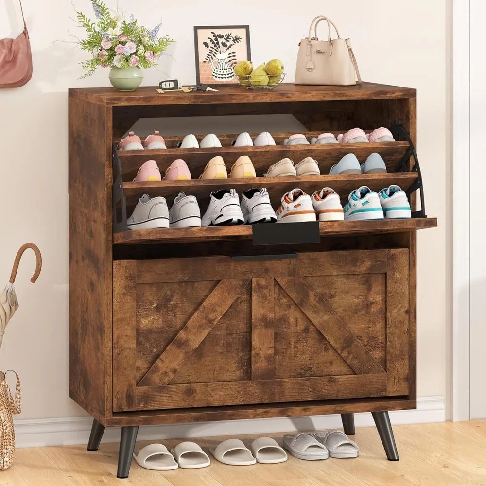 

Shoe Storage Cabinet for Entryway with 2 Flip Drawers, Farmhouse Shoe Storage Organizer with Metal Legs, Tall Sh