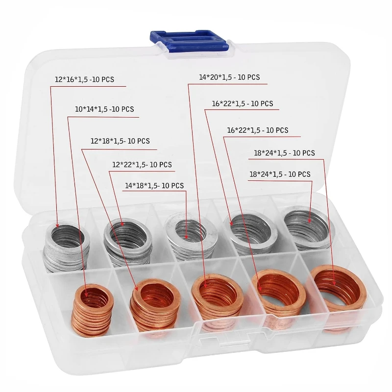 100pcs Flat Ring Seal Gasket Assortment Kit Copper Aluminum Oil Drain Plug Crush Washer 10/12/14/16/18mm