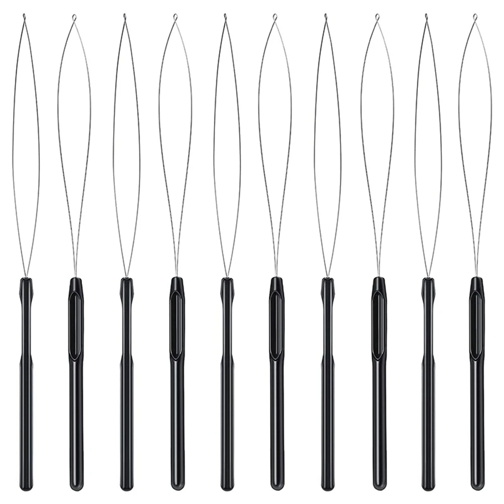 10Pcs Hair Extension Loop Threader Hook Tool and Bead Tool Black Loop Threader for Hair Extension or Feather Extender