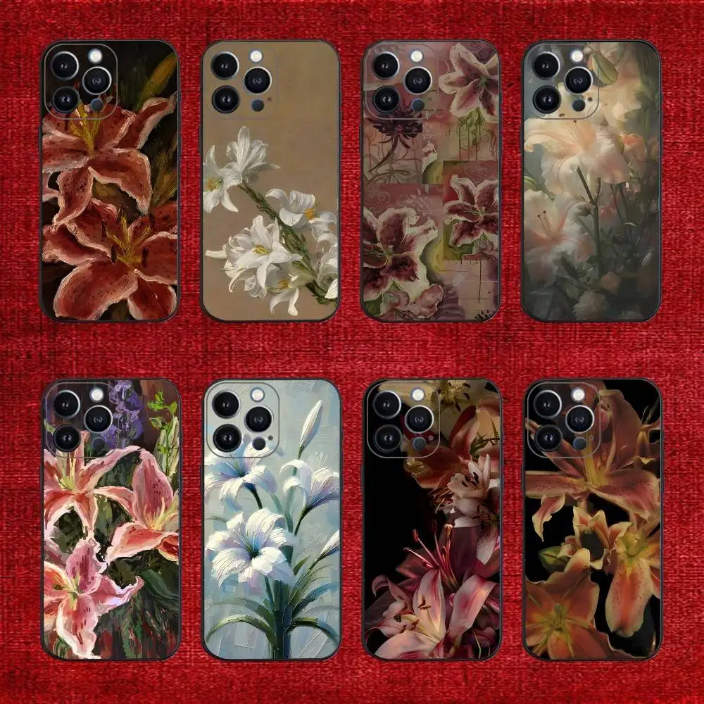 

Oil Painting Lily Flower Retro Pattern Phone Case For iPhone 16e,16,15,14,13,12,11,Pro,X,XS,Max,XR,Plus,Mini Soft Black Cover