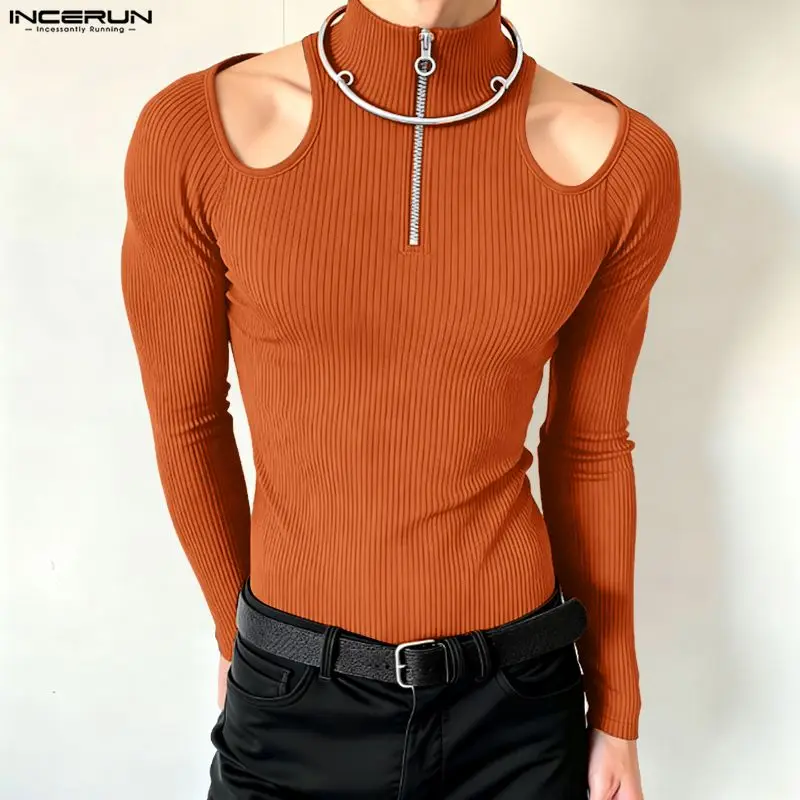 

Мужская футболка INCERUN, однотонная, на молнии, вязаная, с открытыми плечами, с высоким воротником, с длинным рукавом, мужские топы, уличная мода, повседневные футболки