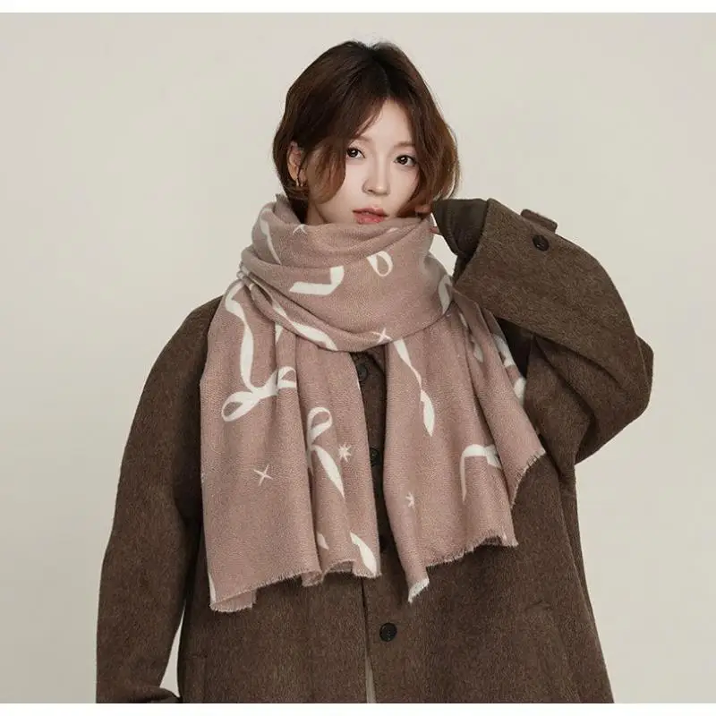 

Elegant Ladies Cashmere Pashmina Autumn Winter New Thick Warmth Bow Print Shawl Coldproof Windproof Travel Blanket Scarf