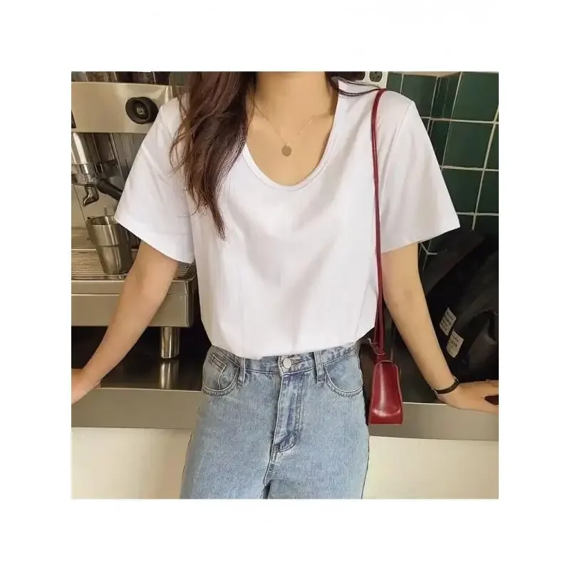 Casual Loose-Fit Slimming White T-Shirt Women's Short Sleeves Summer Fashionable Large Neckline U-Neck Top INS Trendy