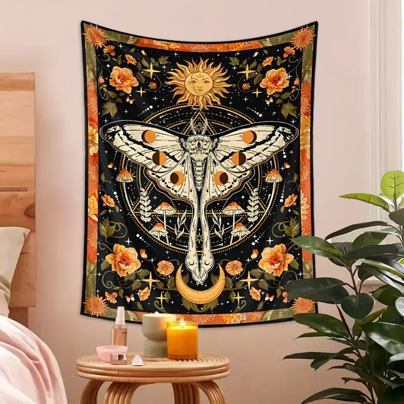 VIKAMA Moon Moth Sun Flower Mushroom Tarot Tapestry, Mystical Wall Art Background Cloth for Living Room Aesthetic Decor