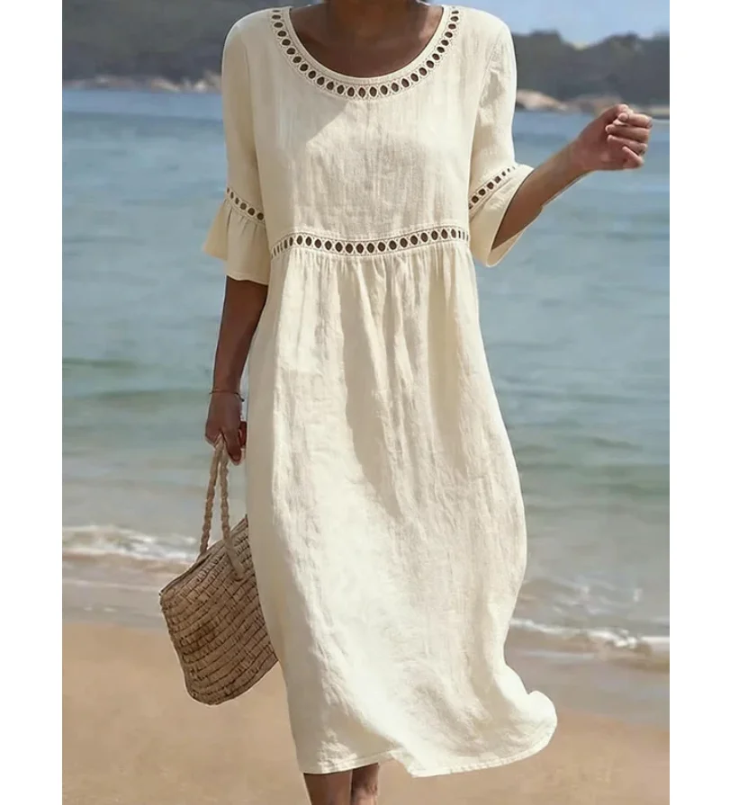 Hollow-out Solid Cotton Linen A-Line Dress Woman O Neck High Waist Loose Dresses Summer Flare Sleeve Beach Vacation Dress