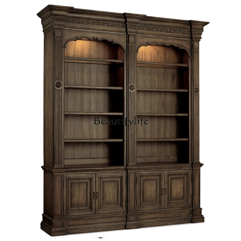 

05-*European antique solid wood carving flower old storage display cabinet ladder antique bookshelf