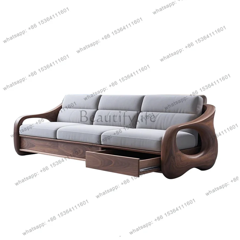 Medieval black walnut living room sofa new high-end home living room villa leather straight row solid wood sofa