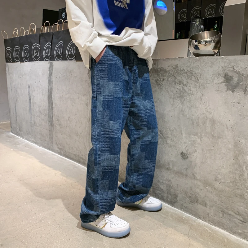 Blue Black Plaid Jeans Men Retro Casual Wide-leg Jeans Mens Streetwear Loose Hip-hop Straight Denim Trousers Men Vintage Jeans