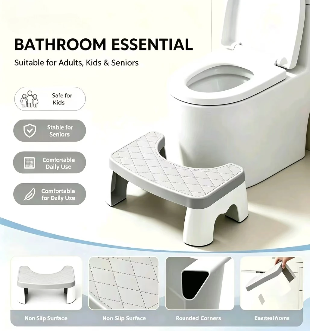 Ergonomic Squat Toilet Stool, Waterproof Non Slip Bathroom Foot Stool for Adults Kids Seniors Potty Aid