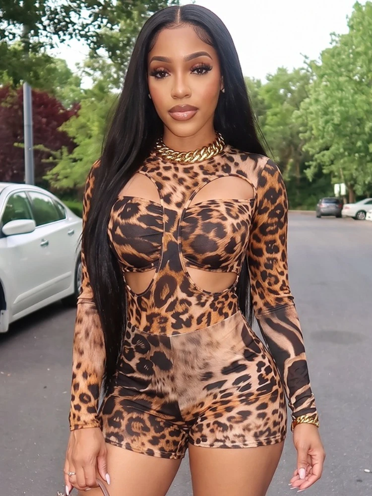 

FDYOUI Leopard Print Long Sleeve Bodysuits Women's Hollow Out One Piece Party Night Club Overalls Female Tight Rompers Playsuits