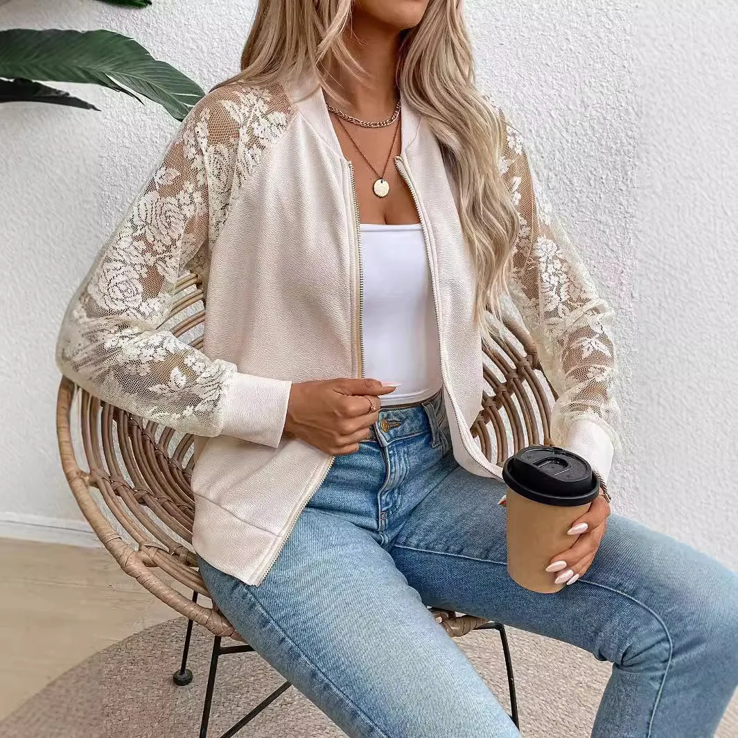 Women’s New Elegant Solid Color Lace Patchwork Bomber Collar Loose Fit Comfort Casual Zip Up Versatile Commute Gentle Style Coat