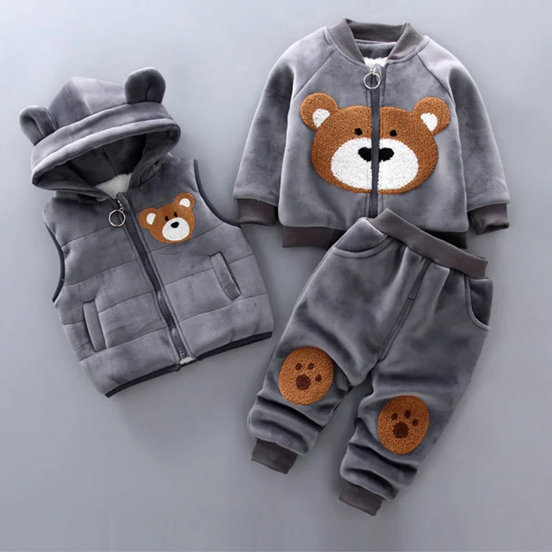 Autumn Winter Children Clothing Sets Baby Girl Cartoon Thick Fleece Hoodies Vest Pants 3pcs Sports Suits Boy Casual Warm OUtfit