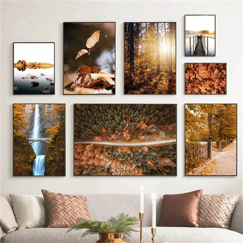 Autumn Wind Deciduous Gorest Mist Lake Waterfall Natural Scenery Wall Art Canvas Painting Nordic Posters And Prints Wall Picture