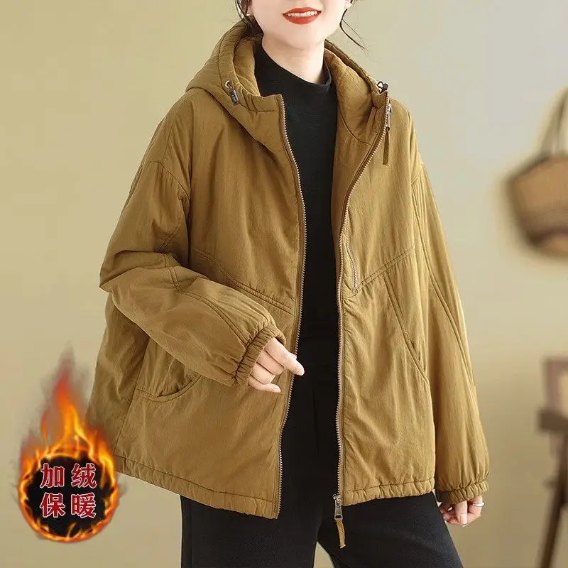 2024 Spring Winter Retro Cotton Jacket For Women Loose Comfortable Drawstring Hem Hooded Warm Coat Casual Korean Outwear Z4246