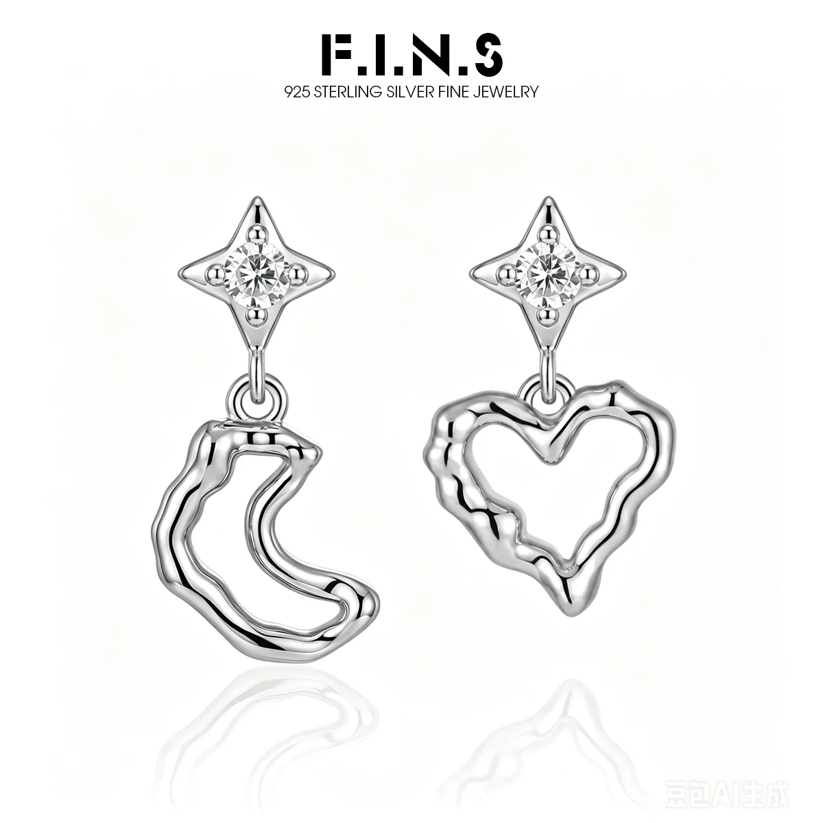 

F.I.N.S Original S925 Sterling Silver Zirconia Stud Earrings Asymmetrical Hollow Moon Star Piercing Ear Minimalist Fine Jewelry