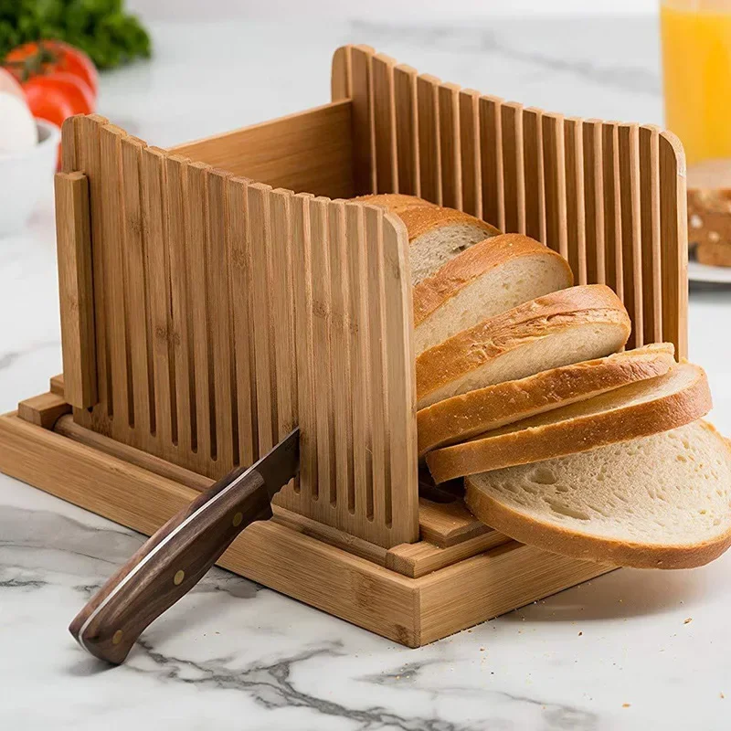 

Natural Bamboo Bread Slicer For Homemade Bread Foldable & Compact Toast Cutting Board Guide Adjustable 3 Thickness Cutter