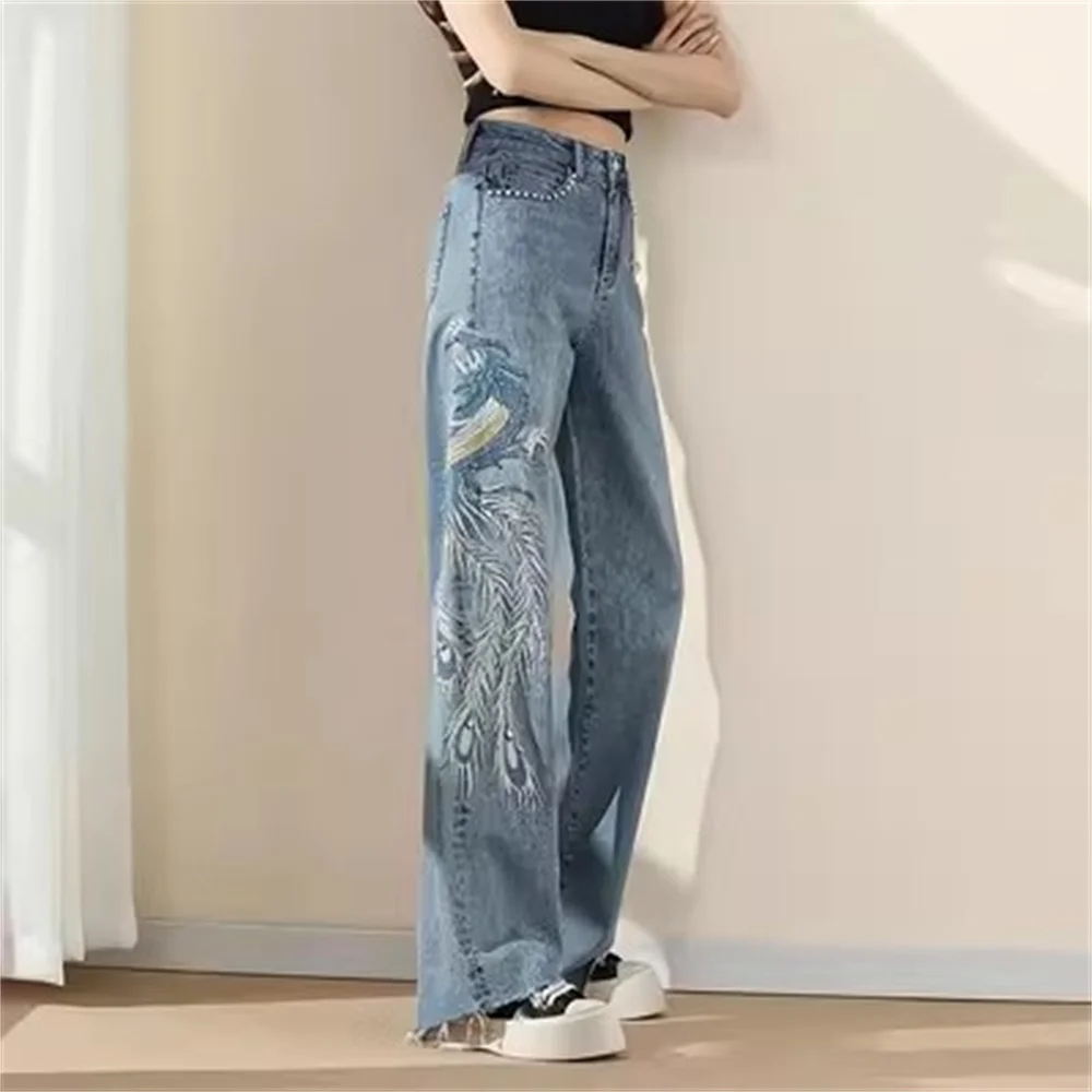 

European Embroidered Wide Leg High Waisted Jeans Women 2023 Summer Thin Straight Leg Pants Show A Slimming Mopping Jeans Pants