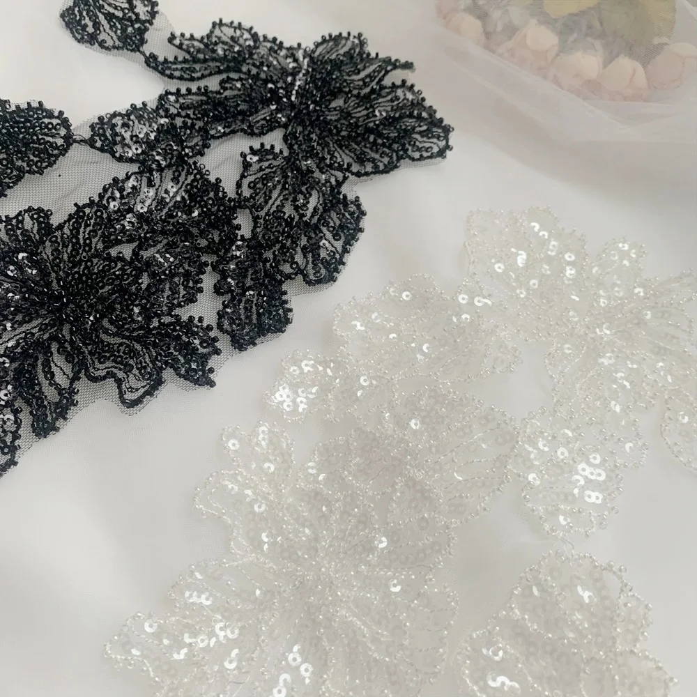 Delicate Wedding Sequins Head Ornaments, Body Lace Applique, Ivory White Dress, DIY Lace Trim, 1Pair, 19x25cm
