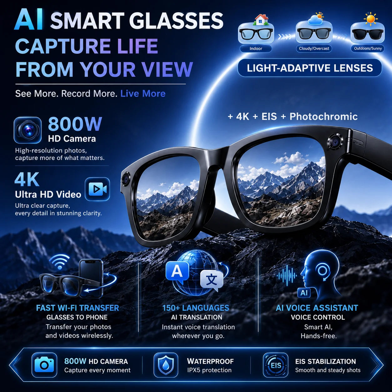 AI Smart Glasses 8MP 4K Video Photochromic Lenses Bluetooth 130+Languages Translation AI Recognition Recording Business Glasses