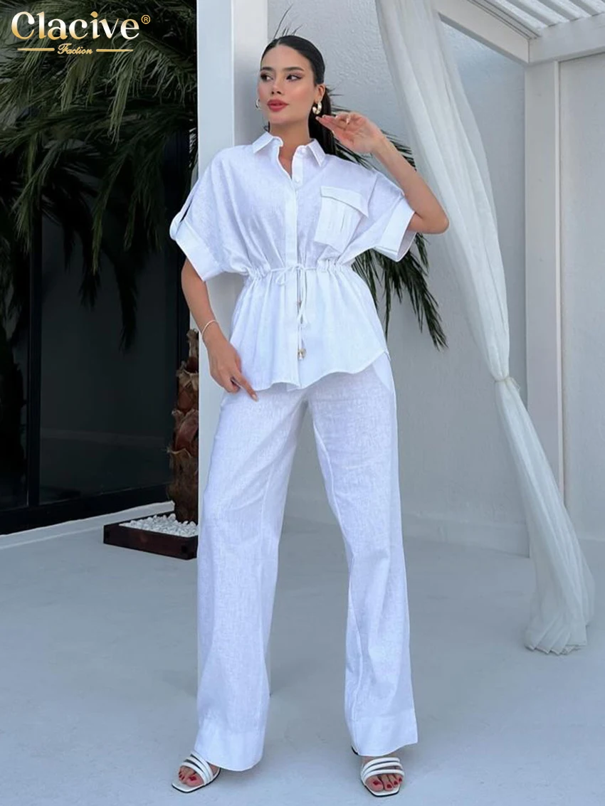 Clacive Summer Loose White Cotton 2 Piece Sets Women Outfit 2024 Fashion Short Sleeve Shirt With High Waist Pants Set Streetwear