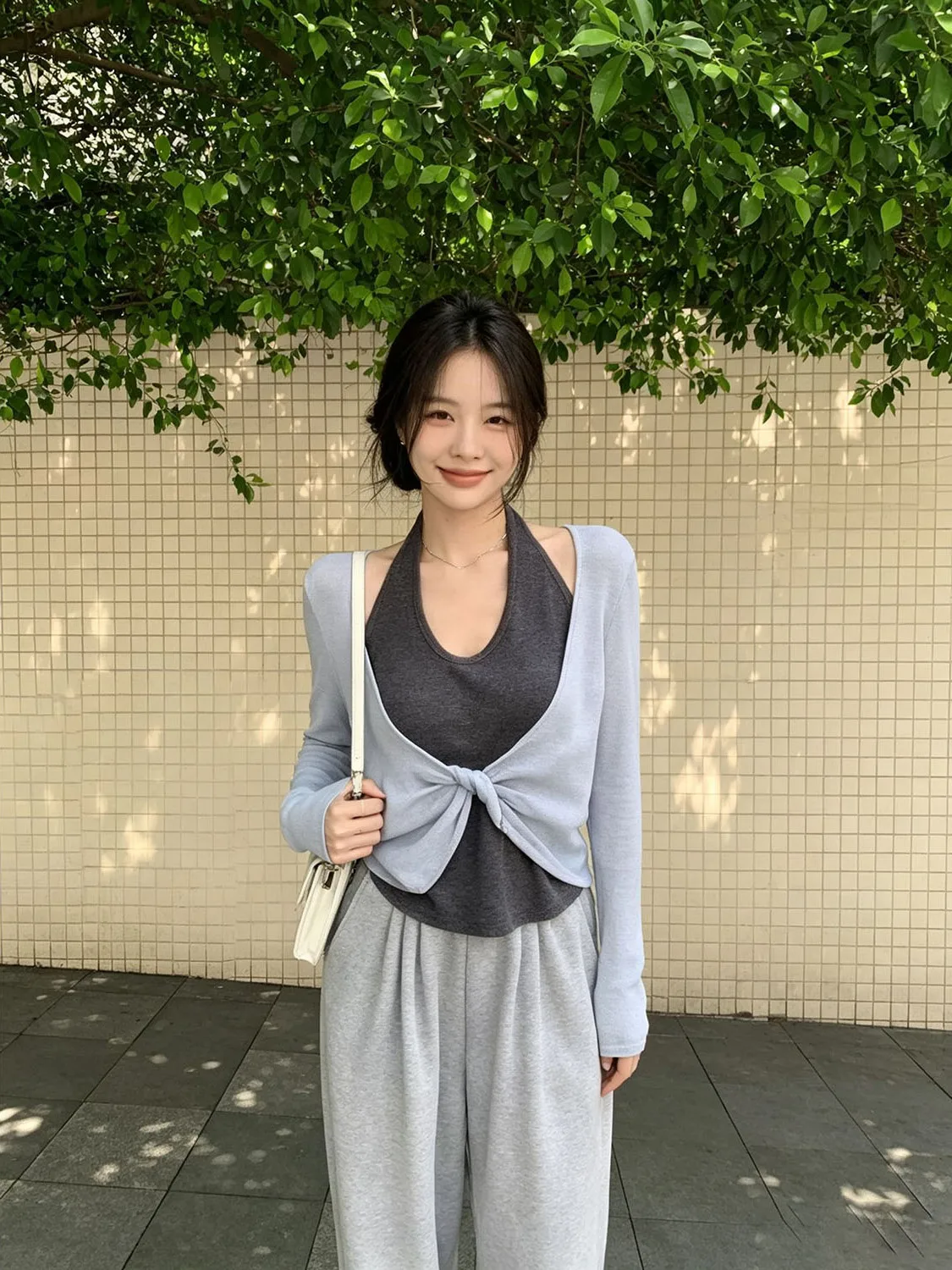Early Autumn Color Block Long Sleeve Knitted T-Shirt Women's Neck Hanging Knot Slimming Sexy Base Layer Top for Ladies