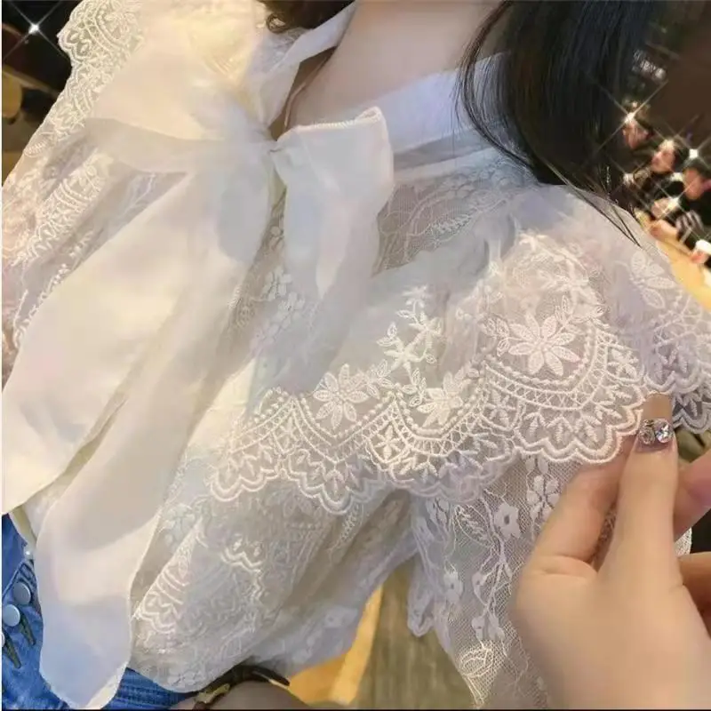 Fashion V-Neck Lace Up Bow Lace Ruffles Shirts Women\'s Clothing 2024 Spring Summer New Loose Korean Tops Puff Sleeve Blouses