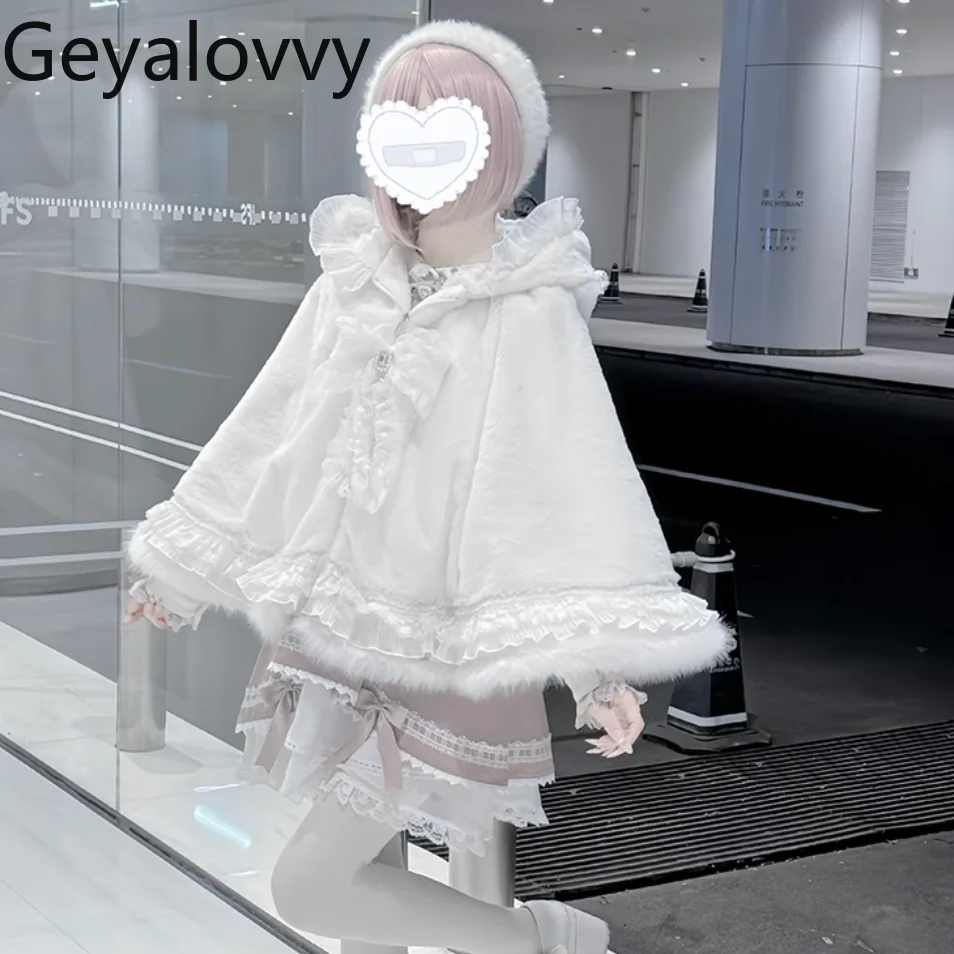 

Japanese Original Mass-Produced Subculture Autumn Winter Fleece Lined Plush Cloak Sweet Girl Bowknot Versatile Hooded Cape Coat