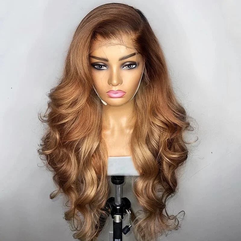 Soft 22‘’ Ombre Brown Body Wave 180Density Preplucked HD Lace Jewish 5x5 Silk Base European Human Hair Wig For Women BabyHair