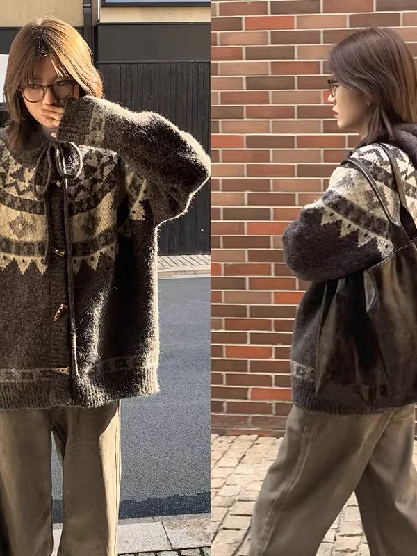 

American Sle Thiened Fair Isle Knitted Open Cardigan Loose Lazy Sle Retro Hooded Thiened Sweater Jaet for Men And W...