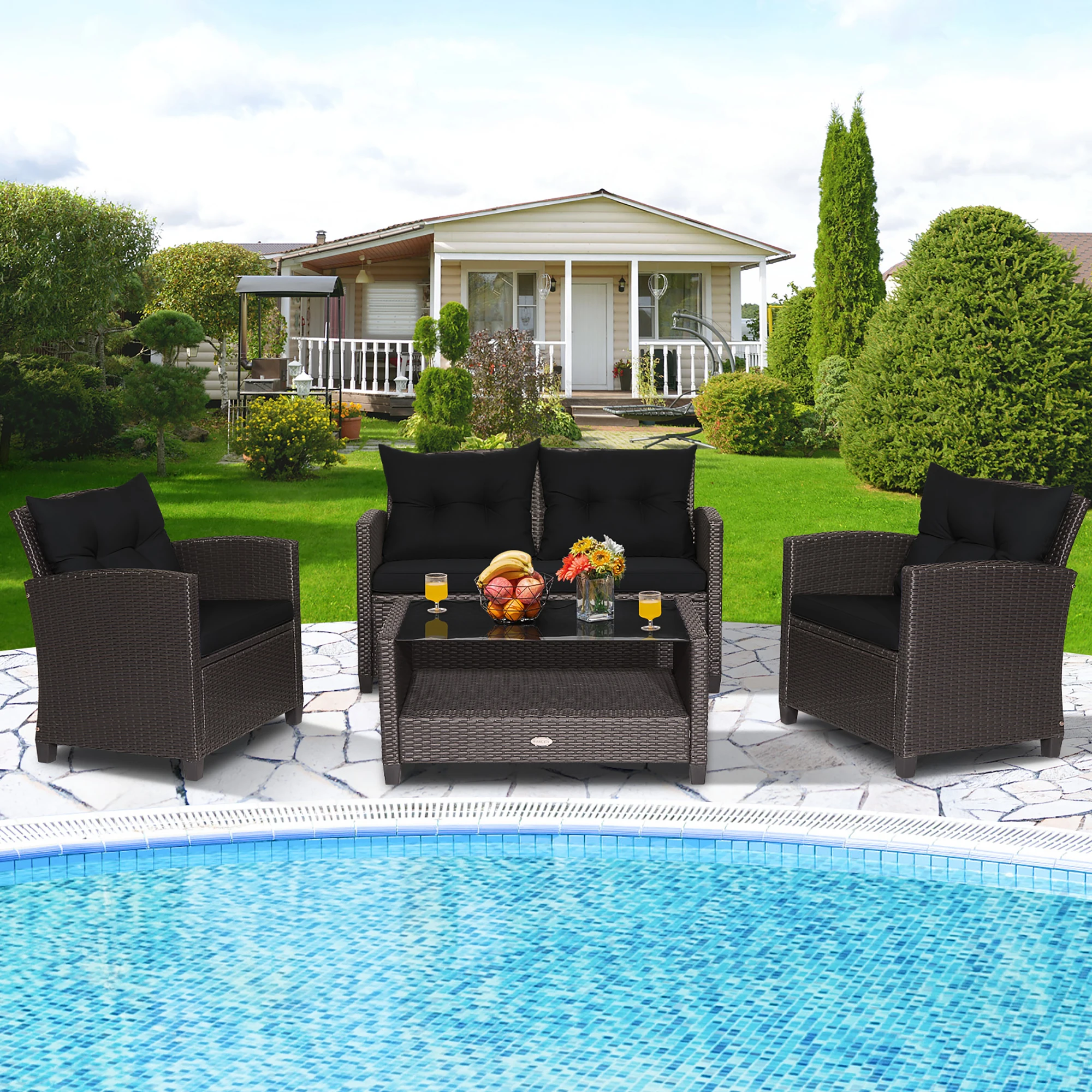 

4 PCS Patio Rattan Furniture Set Glass Table Shelf Sofa Cushion Black