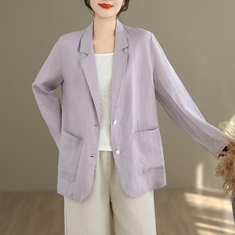 New Cotton Linen Loose Casual Style Thin Outerwear Women's Open Cardigan Pocket Detail Versatile Comfortable Leisure Coat