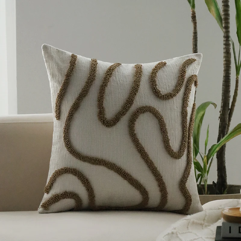 Coffee Pillow Cover Chenille Cushion Cover 45x45cm for Living Room Sofa Home Decoration Simple Line Tufted Zippered Closure