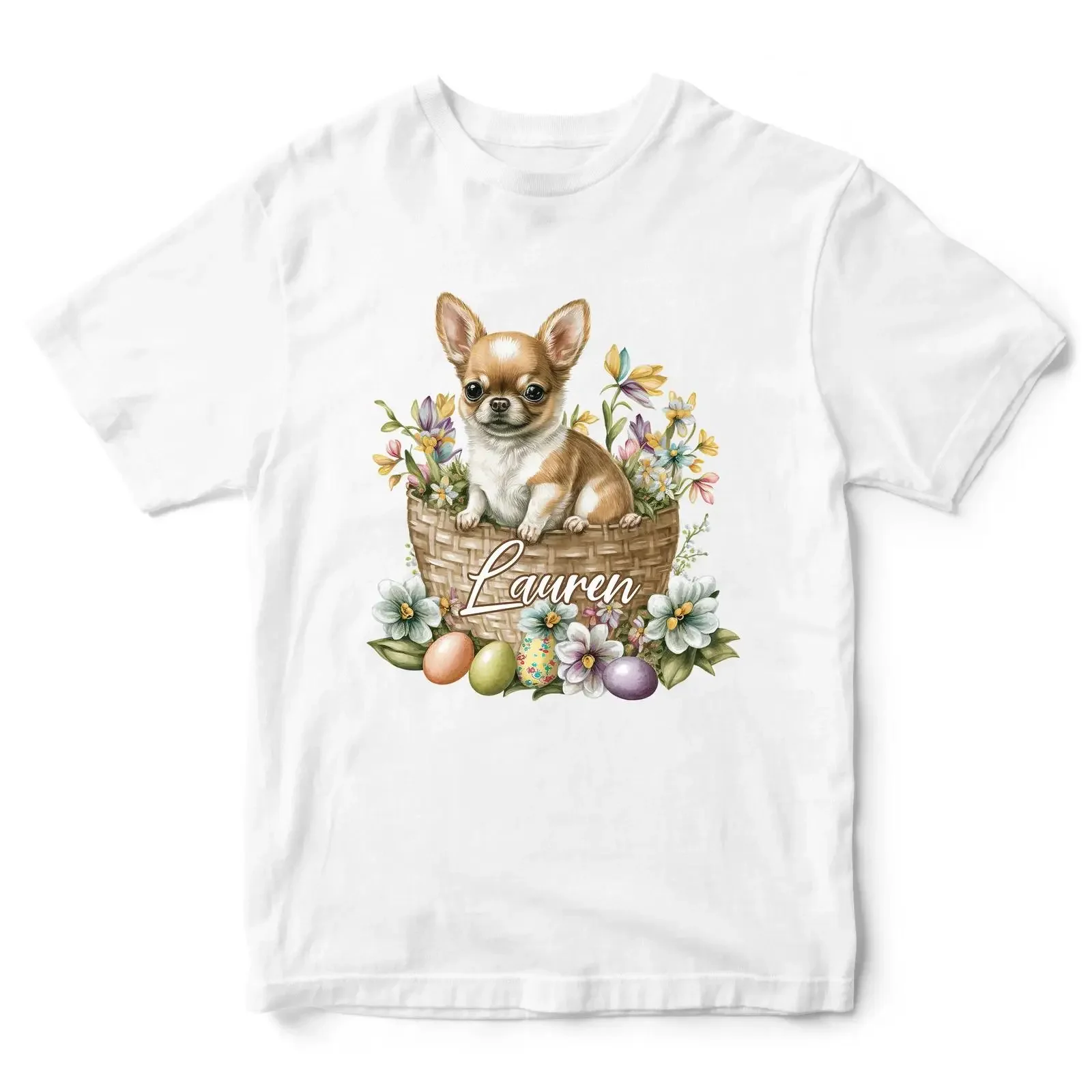 Mädchen personalisiertes Ostern T Shirt Chihuahua Kinder individuell Frühling Korb Welpe Top vintage Washed graphic homme