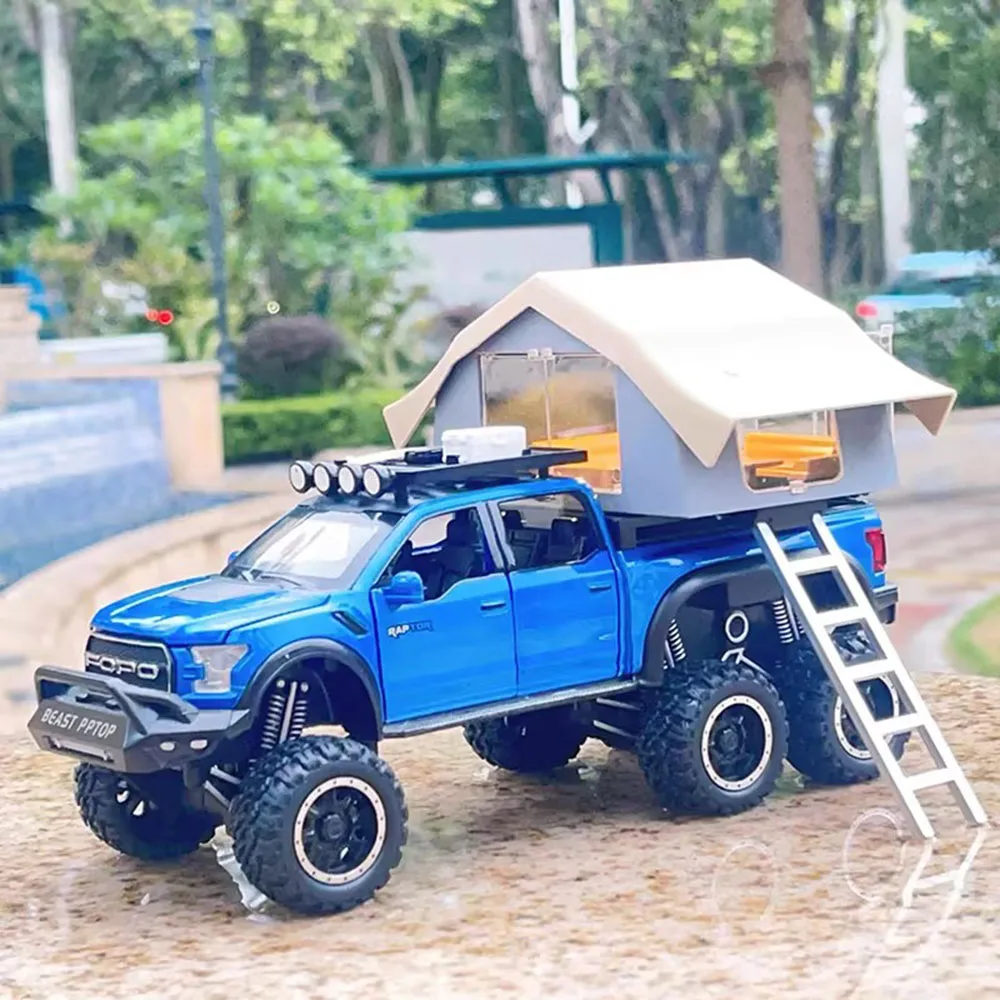 1:24 Raptor F150 Alloy Diecast Toys Cars Miniature Models with Sound Light Camping RV Wheel Pull Back Vehicle Boys Birthday Gift