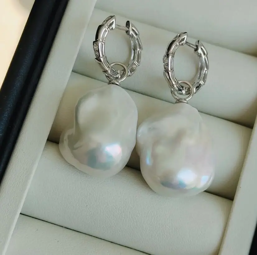 

gorgeous 14-15mm south sea baroque white pearl dangle earring 925s