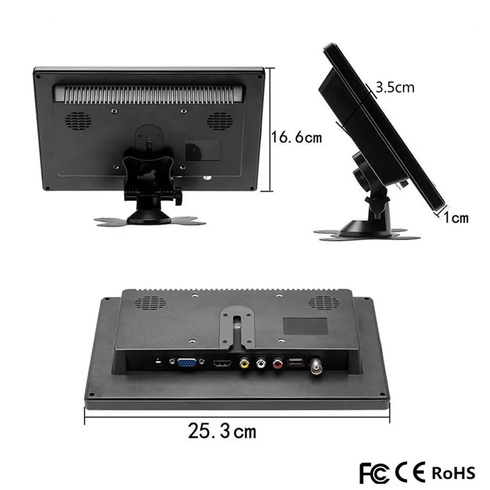 12V LCD HD Monitor Color Screen 10.1 Inches 2 Channel Video Input Security Display With Speaker/bnc/avi/vga For Car TV Computer