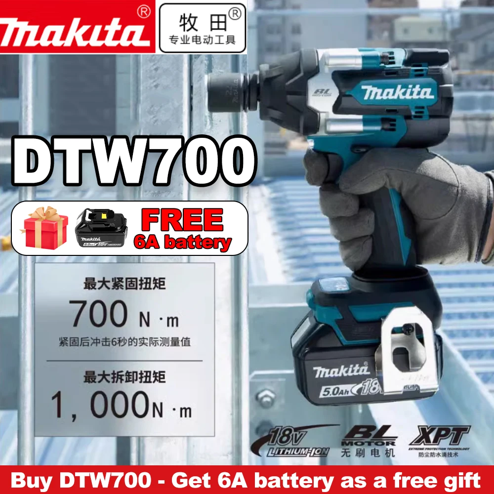 

New Makita DTW700 Battery 1000N.M Torque Brushless Electric Impact Wrench Cordless Electric Drill 1/2"Wrench Power Tools For 18V